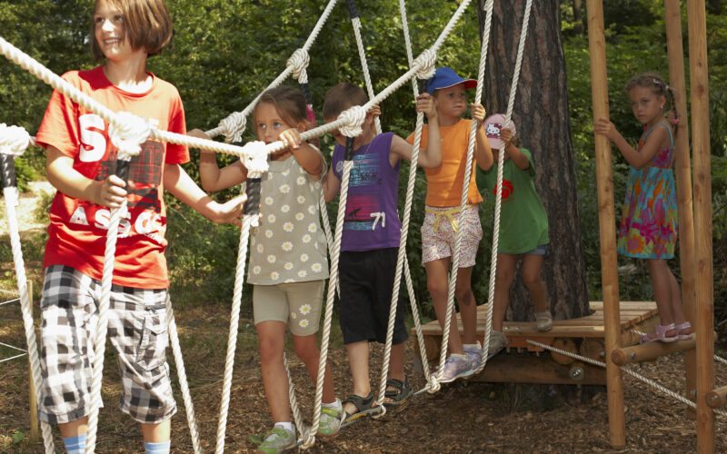 Mehrere Kinder laufen über eine Seilbrücke auf einem von Bäumen umgebenen Holzspielplatz.