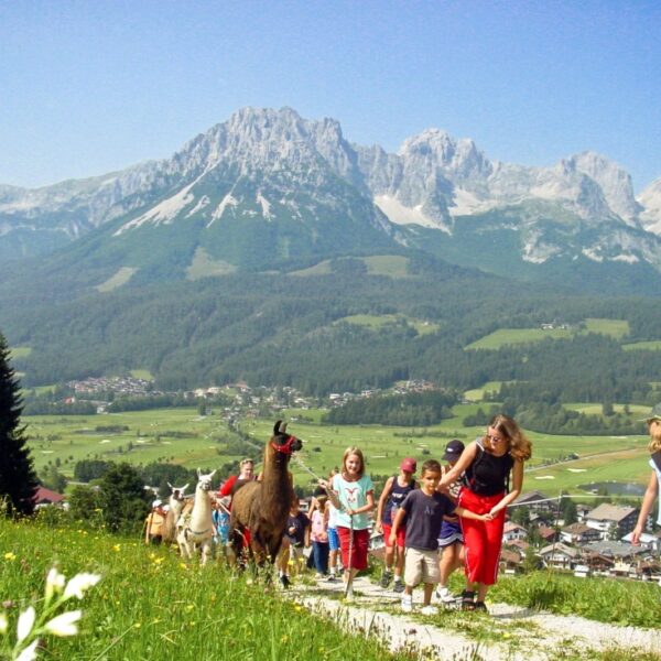 Eine Gruppe von Menschen, darunter auch Kinder, geht mit Lamas auf einem Weg in einer bergigen Landschaft mit grünen Feldern und einem Dorf zu Füßen.