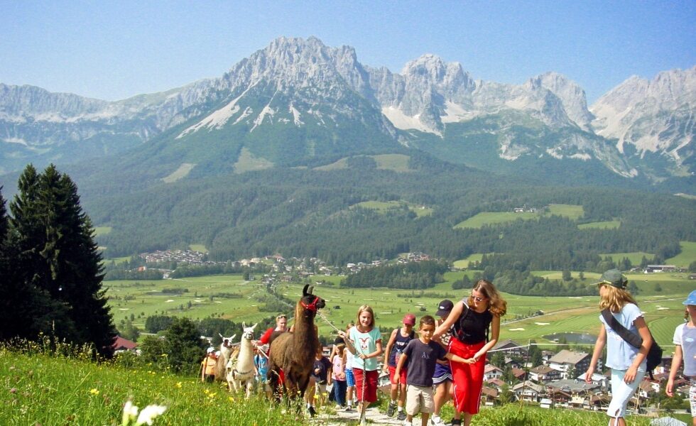 Eine Gruppe von Menschen, darunter auch Kinder, geht mit Lamas auf einem Weg in einer bergigen Landschaft mit grünen Feldern und einem Dorf zu Füßen.