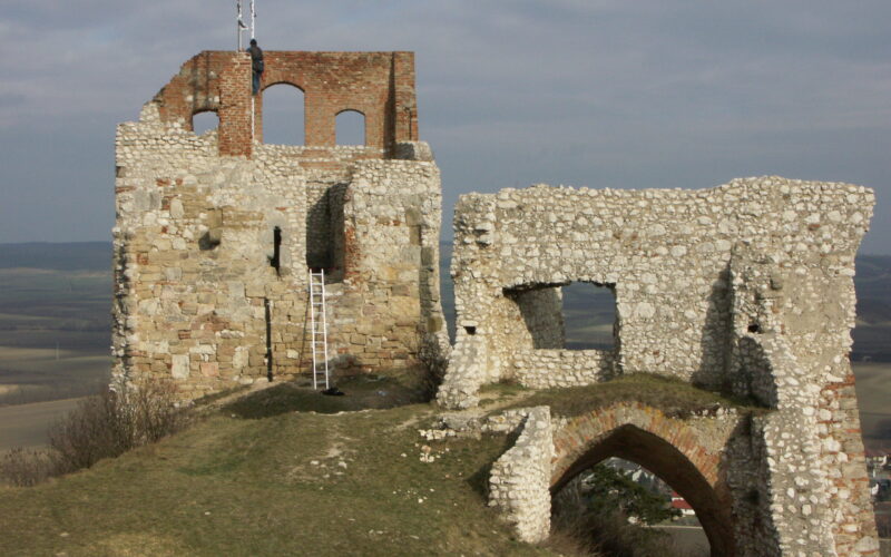 Die steinernen Ruinen einer alten Burg oder Festung liegen auf einem grasbewachsenen Hügel unter einem wolkenverhangenen Himmel, eine Metallleiter lehnt an der Wand, und im Hintergrund sind weite Felder zu sehen.