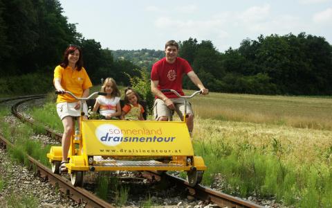 Eine vierköpfige Familie fährt mit einem gelben, tretbetriebenen Schienenfahrzeug auf Bahngleisen durch eine ländliche Landschaft mit Gras und Bäumen.