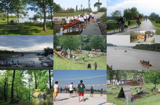 Eine Collage von Outdoor-Aktivitäten wie Bootfahren, Radfahren, Volleyball, Gruppenveranstaltungen und Spielplatzszenen in einer Parklandschaft am See.