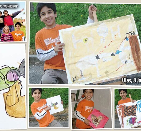 Ein 8-jähriger Junge namens Ulas zeigt seine Kunstwerke im Freien; andere Bilder zeigen Kinderzeichnungen und eine Gruppe von vier Kindern, die zusammen posieren.
