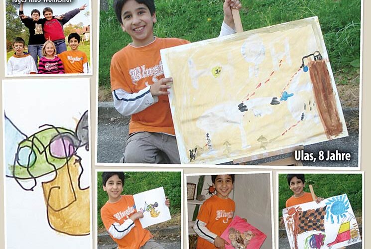Ein 8-jähriger Junge namens Ulas zeigt seine Kunstwerke im Freien; andere Bilder zeigen Kinderzeichnungen und eine Gruppe von vier Kindern, die zusammen posieren.