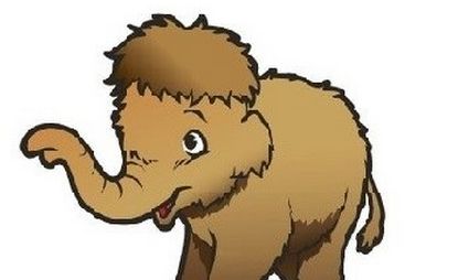 Cartoon-Illustration eines jungen, lächelnden Wollmammuts mit braunem Fell und erhobenem Rüssel, das auf vier Beinen vor einem weißen Hintergrund steht.