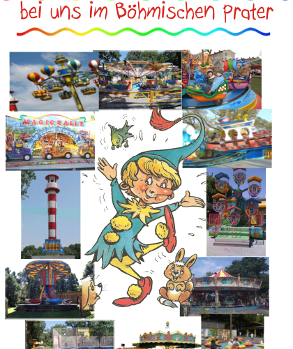 Eine Collage von Fahrgeschäften und Attraktionen mit deutschem Text am oberen Rand, der Kinder einlädt, ihren Geburtstag im Böhmischen Prater zu feiern, mit einer Zeichentrickfigur in der Mitte.