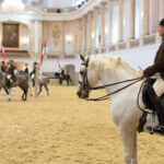 Reiter in Uniform üben Dressur auf Pferden in einer prächtigen Reithalle mit hohen Decken und Kronleuchtern.