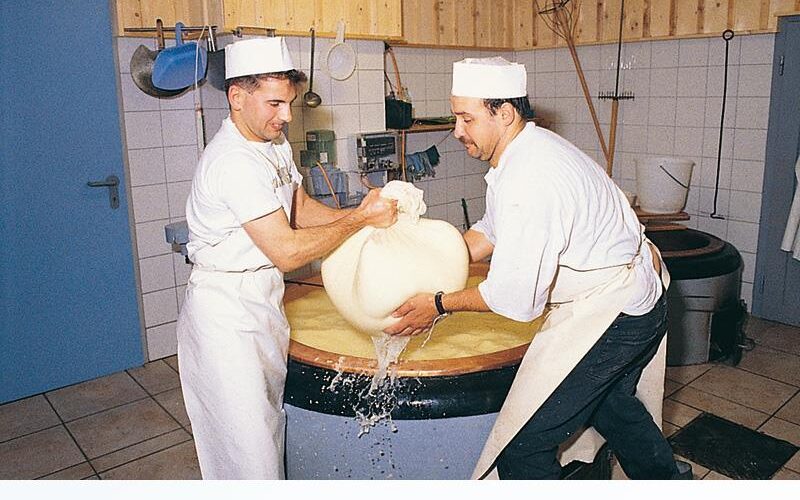 Zwei Männer in weißen Uniformen und mit Hüten heben ein großes Tuch, das mit Käsebruch gefüllt ist, aus einem Bottich mit Flüssigkeit in einem Molkerei-Verarbeitungsraum.