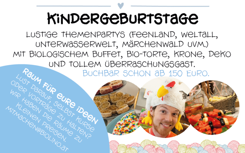 Bunte Werbegrafik für Kindergeburtstage mit Themenpartys und Bio-Buffet; kleiner Kreis zeigt einen Mann mit Hühnermütze und Geburtstagstorte.