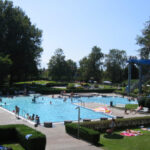 An einem sonnigen Tag schwimmen und entspannen sich die Menschen in einem Freibad mit blauer Wasserrutsche, umgeben von Bäumen und Rasenflächen.
