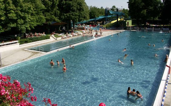 Die Menschen schwimmen und entspannen sich in einem großen Außenbecken, das von Bäumen und Blumen umgeben ist, mit Rutschen und Sitzbereichen im Hintergrund.