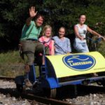 Vier Personen fahren auf einem blau-gelben Schienenfahrrad mit der Aufschrift "Neue Landesbahn" auf Bahngleisen, mit Bäumen und Gras im Hintergrund. Eine Person winkt in die Kamera.
