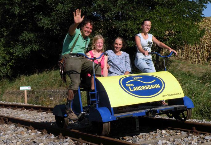 Vier Personen fahren auf einem blau-gelben Schienenfahrrad mit der Aufschrift "Neue Landesbahn" auf Bahngleisen, mit Bäumen und Gras im Hintergrund. Eine Person winkt in die Kamera.