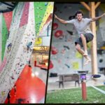 Links: Menschen beim Indoor-Klettern an einer hohen Wand. Rechts: Person, die im Freien auf einer Slackline balanciert, mit Kletterwänden im Hintergrund.