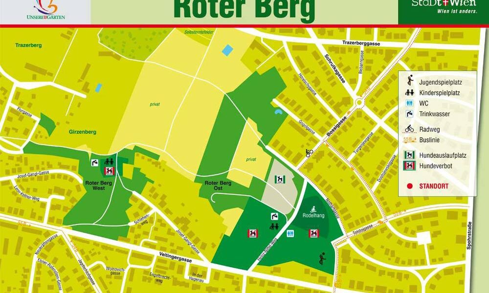 Karte des Parks Roter Berg in Wien mit Eingängen, Spazierwegen, Grünflächen, Spielplätzen, Toiletten, Trinkbrunnen und ausgewiesenen Hundezonen.