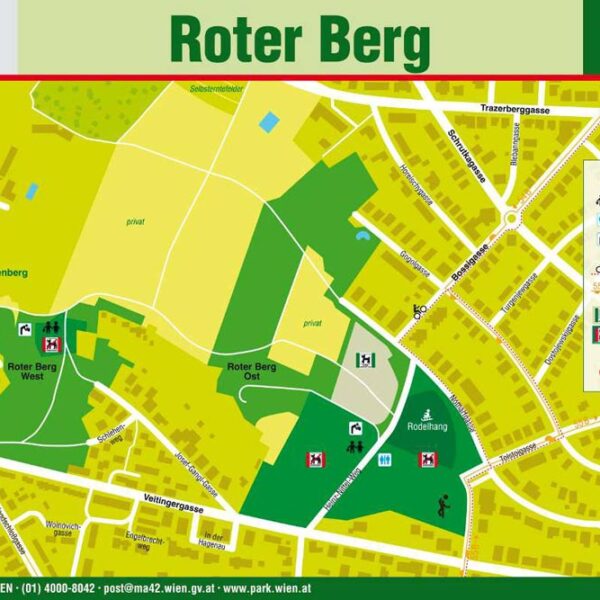 Karte des Parks Roter Berg in Wien mit Eingängen, Spazierwegen, Grünflächen, Spielplätzen, Toiletten, Trinkbrunnen und ausgewiesenen Hundezonen.