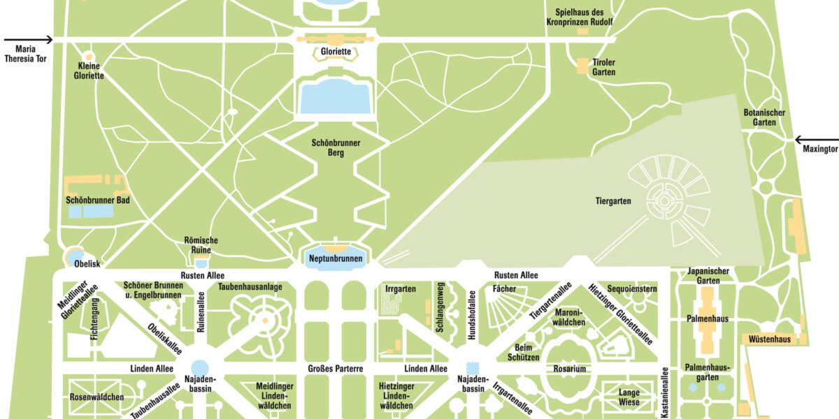Karte des Schönbrunner Schlossparks in Wien mit Wegen, Gartenabschnitten, wichtigen Gebäuden, Springbrunnen und beschrifteten Eingängen und Sehenswürdigkeiten.