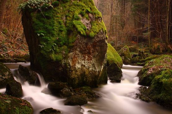 Ein großer moosbewachsener Felsen steht inmitten eines fließenden Baches, umgeben von Waldbäumen und kleineren Felsen.