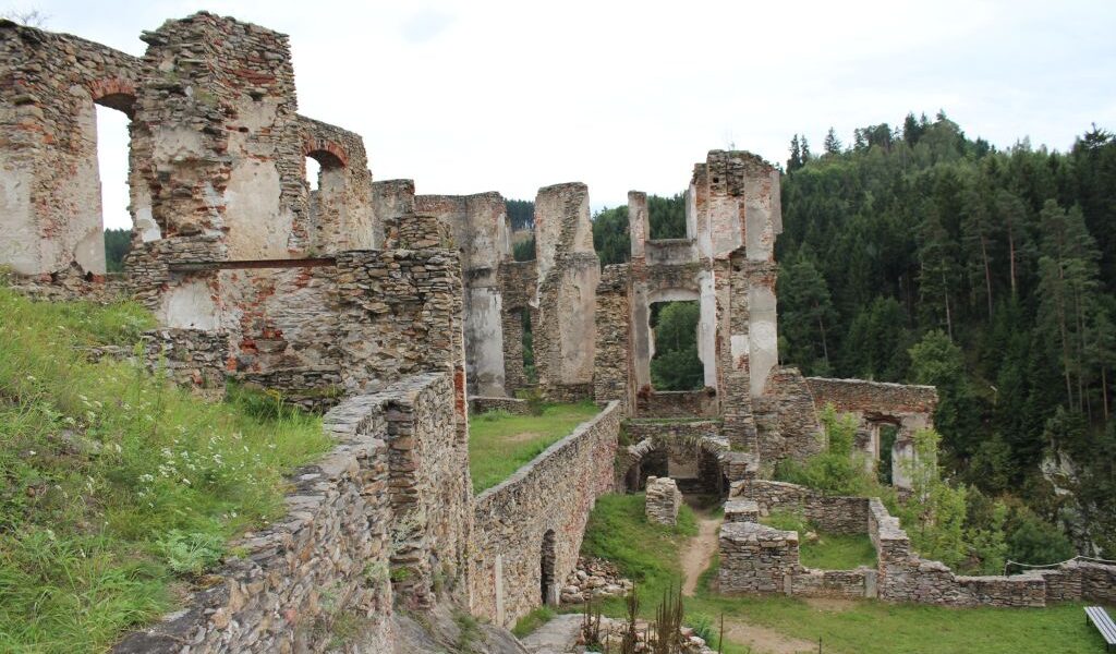 Ruinen einer alten Steinburg mit teilweise noch stehenden Mauern und Bögen, umgeben von Grün und Wald im Hintergrund.