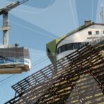 Eine Seilbahn fährt an einem klaren Tag zu einer Bergstation in der Nähe eines Gebäudes mit der Aufschrift "RESTAURANT".