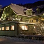 Ein verschneites Hotel namens Stegenhof ist nachts beleuchtet, mit warmen Lichtern aus den Fenstern und schneebedeckten Bäumen, die das Gebäude umgeben.