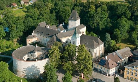 Luftaufnahme einer historischen europäischen Burganlage, umgeben von Bäumen, mit mehreren miteinander verbundenen Gebäuden und einem runden Turm.