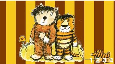 Illustration eines Bären und eines Tigers, die nebeneinander im Gras stehen, mit einer Blume, einem gelb-braun gestreiften Hintergrund und einem kleinen Spielzeughund in der Ecke.