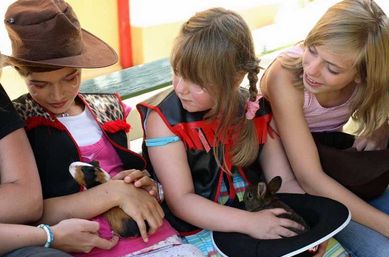Drei Kinder sitzen zusammen, jedes hält ein kleines Tier - eines mit einem Meerschweinchen und ein anderes mit einem Kaninchen - und lächeln und unterhalten sich.