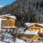 Schneebedeckte Holzhütten am Rande eines dichten Kiefernwaldes in einer bergigen Gegend, mit blauem Himmel über dem Kopf.