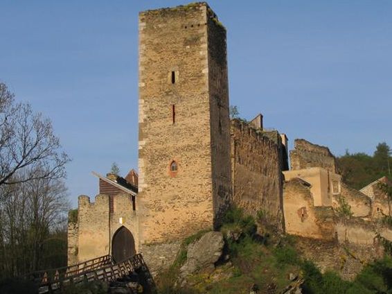 Eine steinerne Burgruine mit einem hohen rechteckigen Turm und einem gewölbten Eingang liegt auf einem felsigen Hügel, umgeben von Bäumen und teilweise eingestürzten Mauern unter einem klaren Himmel.