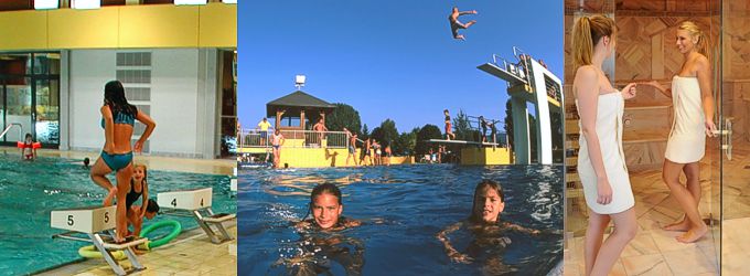 Drei Bilder nebeneinander: Kinder in einem Hallenbad, Menschen beim Tauchen und Schwimmen in einem Freibad und zwei Frauen in Handtüchern beim Betreten einer Sauna.