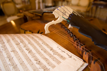 Nahaufnahme eines Stegs und von Streichern eines Streichinstruments mit Notenblättern im Vordergrund, in einer Innenumgebung.