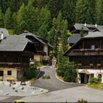 Eine Ansammlung von Gebäuden im alpinen Stil mit dunklen Dächern und Holzbalkonen inmitten grüner Bäume, umgeben von einer gepflasterten Straße und parkenden Autos.