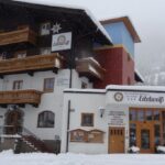 Ein verschneites, mehrstöckiges Alpenhotel mit Holzbalkonen und einem Schild mit der Aufschrift "Edelweiss" an der Fassade.