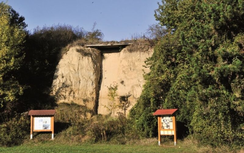 Eine steile, sandige Felswand wird von dichter Vegetation flankiert, mit zwei Informationstafeln auf grasbewachsenem Grund im Vordergrund.