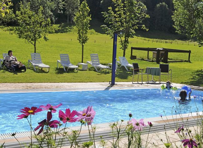 Ein Swimmingpool mit Menschen im Wasser, umgeben von Liegestühlen, grünem Gras, Bäumen und Blumen im Vordergrund.