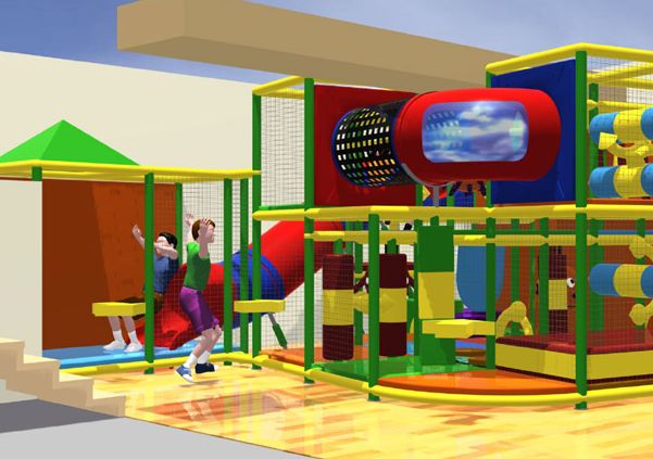 Kinder spielen auf einem Indoor-Spielplatz mit Rutschen, Kletternetzen und bunten Tunneln in einem Spielbereich.
