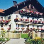 Ein großes Haus mit hölzernen Balkonen, die mit bunten Blumen geschmückt sind; ein Garten und ein Holzzaun davor unter einem klaren blauen Himmel.