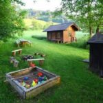 Ein grasbewachsener Hof mit einem mit Spielzeug gefüllten Sandkasten, Holzbänken um eine Feuerstelle und zwei kleinen Holzhütten, umgeben von Bäumen und Feldern.