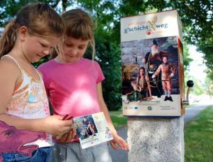 Zwei junge Mädchen stehen im Freien und lesen eine Karte neben einem Informationskasten mit einem Bild und Text zu einem historischen Thema.