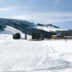 Schneebedeckte Landschaft mit einer Skipiste auf einem Berg, Kiefern und zwei Holzgebäuden unter blauem Himmel.