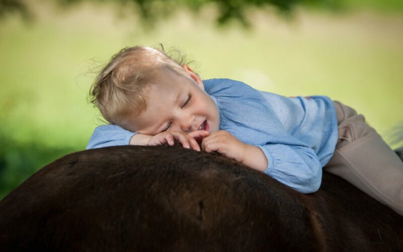 Ein kleines Kind mit hellem Haar und einem blauen Hemd liegt lächelnd und entspannt auf dem Rücken eines dunkelbraunen Pferdes im Freien.