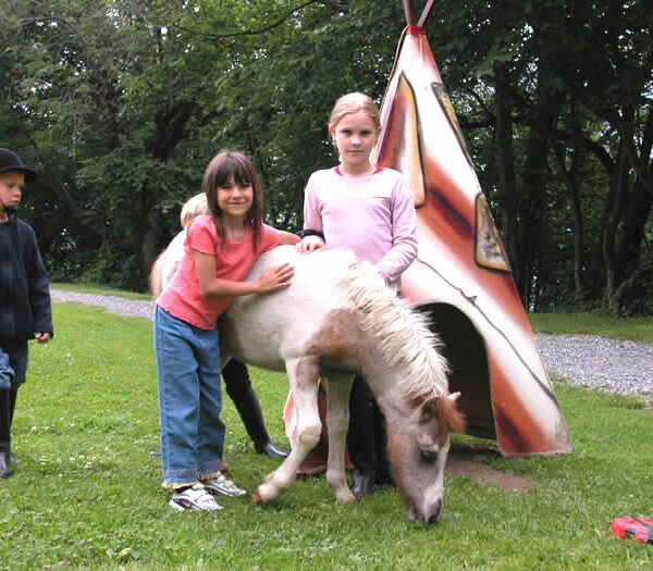 Drei Kinder stehen neben einem kleinen Pony, das vor einem bemalten Tipi-Gebäude auf der Wiese grast. Im Hintergrund sind Bäume und ein Schotterweg zu sehen.