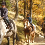Eine Gruppe von Menschen reitet auf einem Feldweg durch einen Wald mit Herbstlaub.