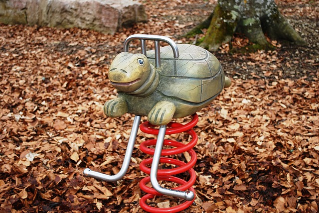 Ein schildkrötenförmiges Federspielzeug für den Spielplatz ist von gefallenen braunen Blättern umgeben.