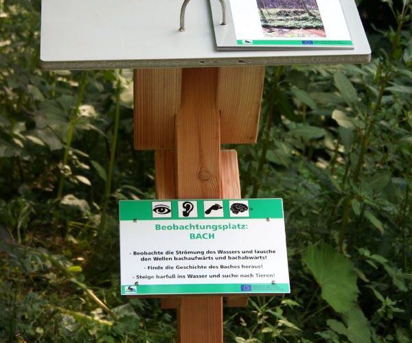 Ein hölzerner Ständer hält einen aufgeschlagenen Ordner und ein Informationsschild in deutscher Sprache über die Beobachtung des Baches, der sich im Freien befindet, mit Grün im Hintergrund.