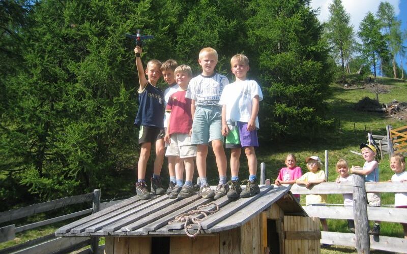 Fünf Kinder stehen auf dem Dach eines kleinen hölzernen Spielhauses, während andere Kinder und ein Erwachsener in der Nähe in einem grasbewachsenen, bewaldeten Außenbereich stehen.