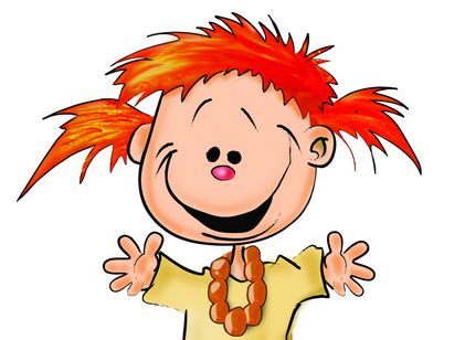 Cartoon-Kind mit stacheligem rotem Haar, trägt ein gelbes Hemd und eine Halskette aus braunen Perlen und lächelt mit offenen Armen.