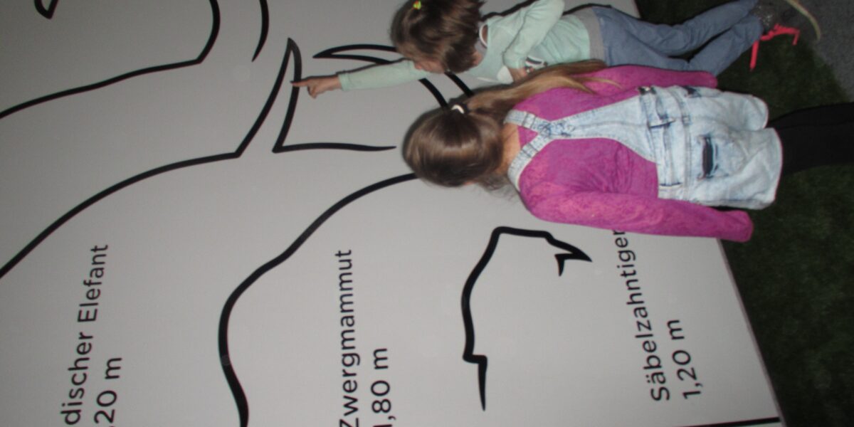 Zwei Kinder zeigen auf einen illustrierten Größenvergleich von Tieren an einer Wand, darunter ein Indischer Elefant, ein Zwergmammut und ein Säbelzahntiger, wobei ihre Körpergrößen angegeben sind.