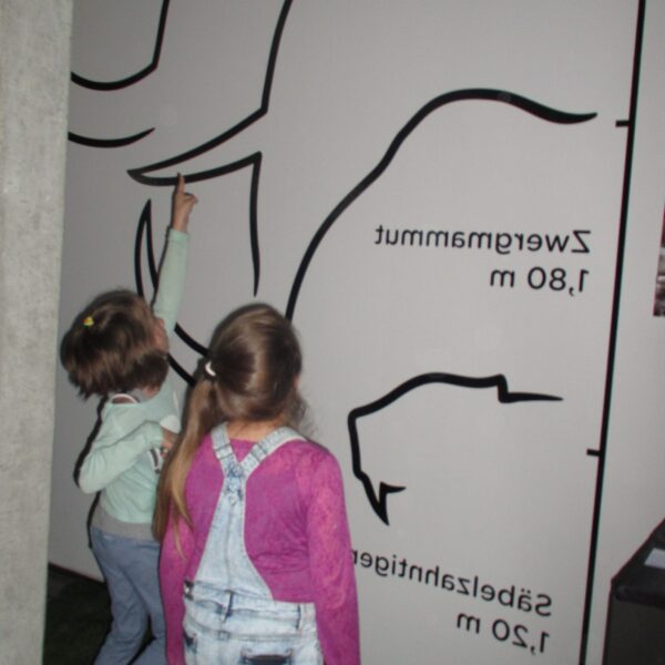 Zwei Kinder zeigen auf einen illustrierten Größenvergleich von Tieren an einer Wand, darunter ein Indischer Elefant, ein Zwergmammut und ein Säbelzahntiger, wobei ihre Körpergrößen angegeben sind.